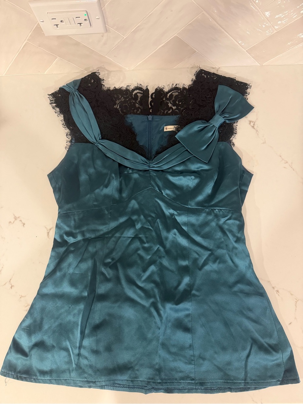 Nanette Lepore Teal Satin Lace-Trim Bow Camisole size 2